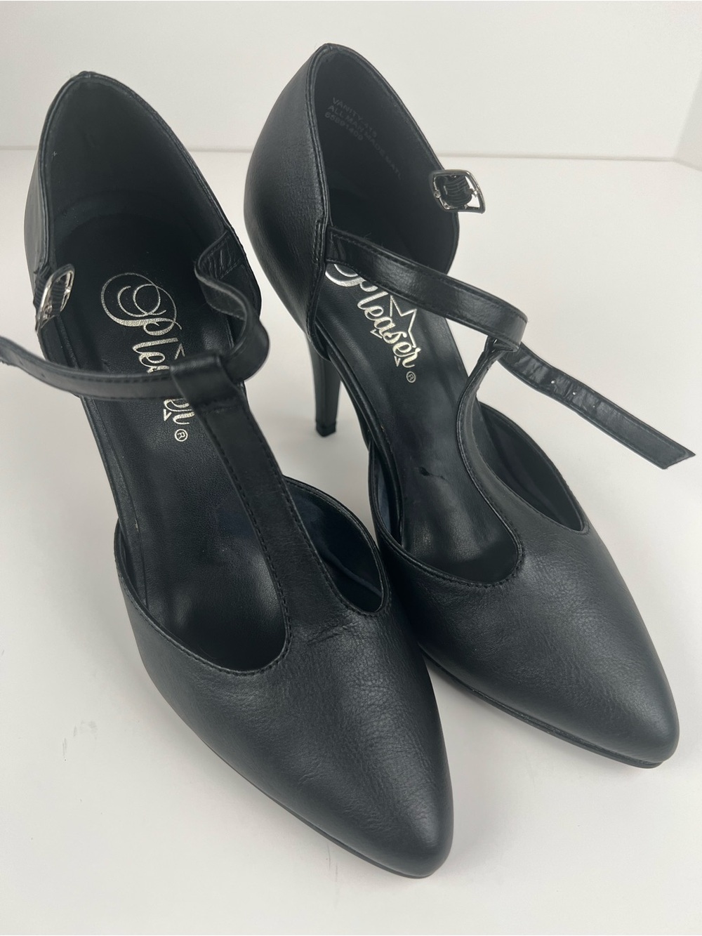 Pleaser Black T-Strap Pointed Toe High Heels